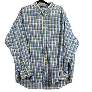 IZOD Button Front Men's Shirt Cotton Blue Gold Yellow Plaid‎ Size XL